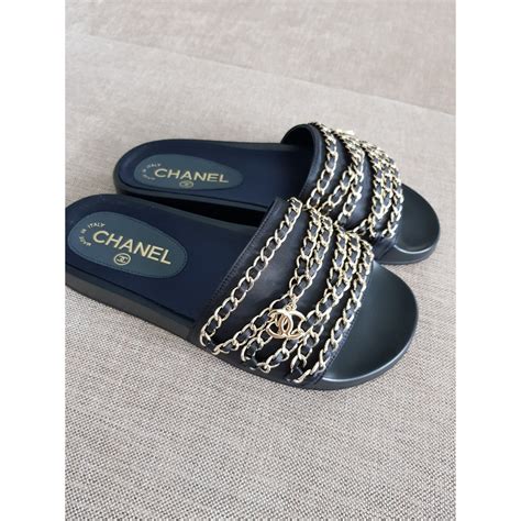 chanel black chain slides|Chanel black flip flops.